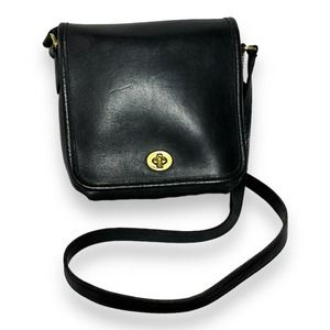 Vintage Coach Black Leather Companion Flap Crossbody Bag Purse
